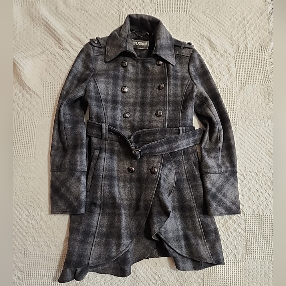 Guess Gray Plaid Wool Blend Double-Breasted Trench Coat